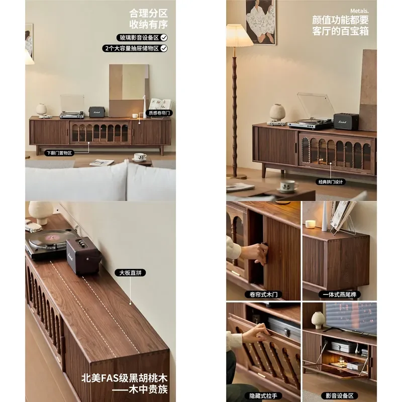 For North American Black Walnut TV Cabinet French Retro Solid Wood Living Room Home Furniture Durable Storage