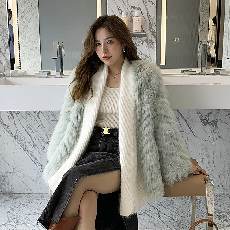 

2023 Real Fur Coat Autumn and Winter New Middle and Long Solid Color Natural Fox Fur Stripe Knitted Placket Jackets Women's Clot
