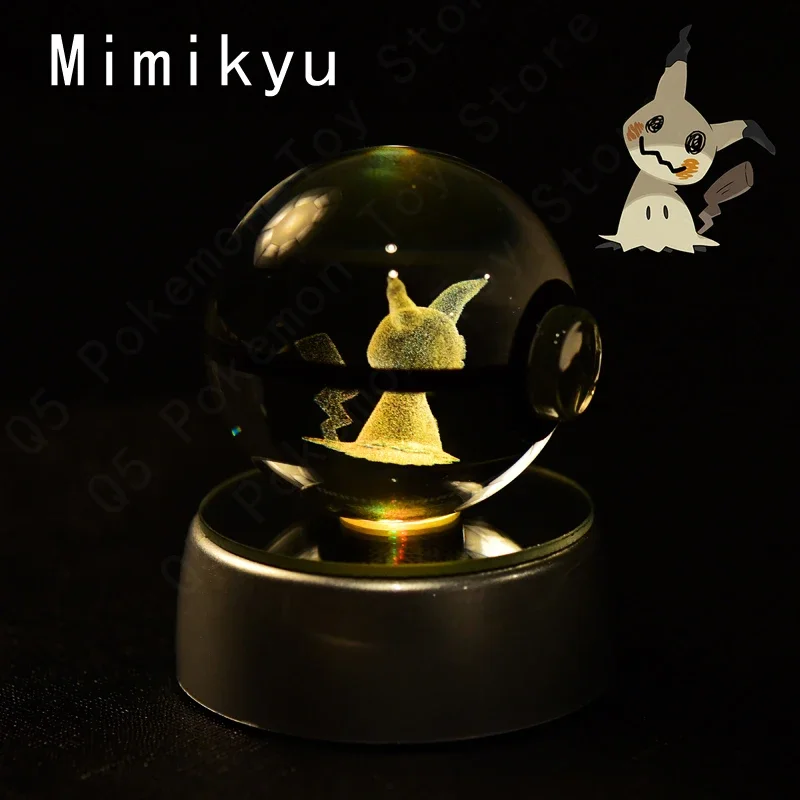 3D Pokemon Kristallkugel 5CM Mewtwo Pikachu Gengar Kristallglas Pokemon Ball Pokeball Figur Nachtlicht LED-Lampe mit Basis Geschenk