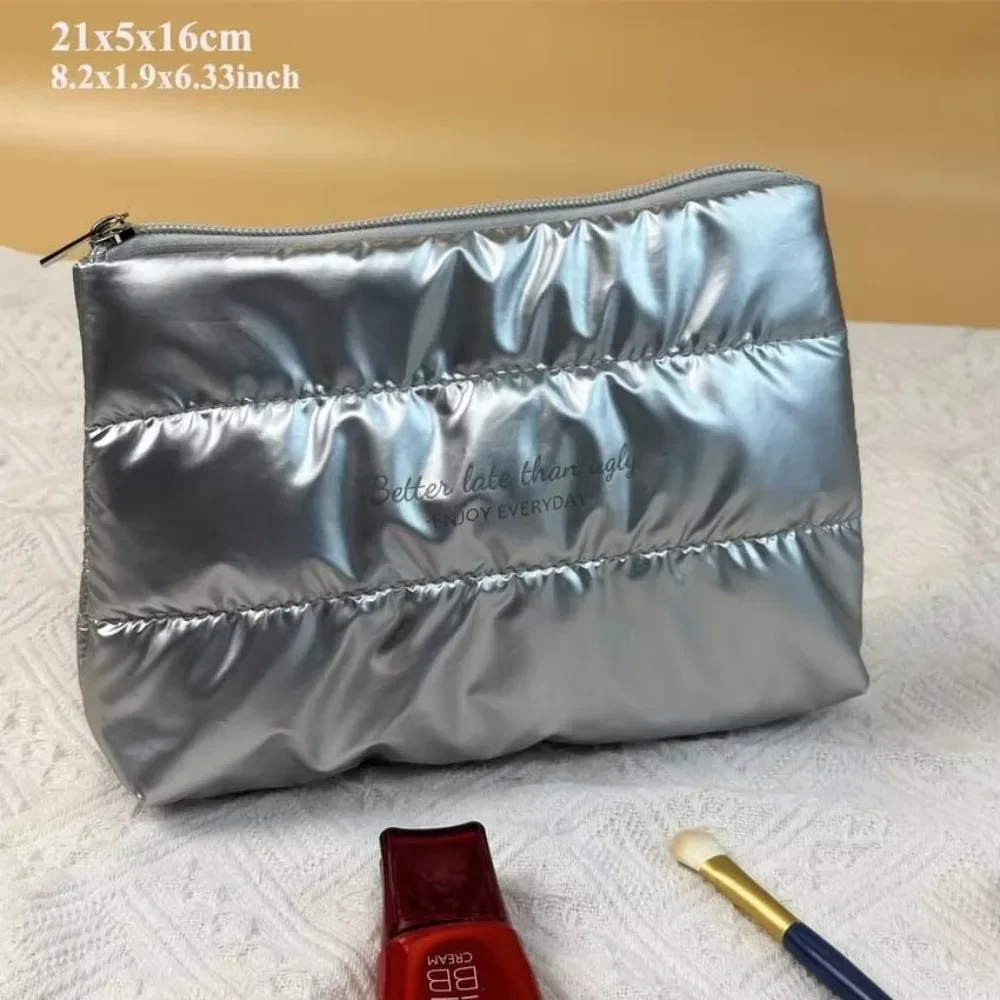 Portable Shiny Fluffy Makeup Bag Large Capacity Zipper Pouch Cosmetic Bag Quilted Puffer Toiletries Skincare Storage Bag Travel