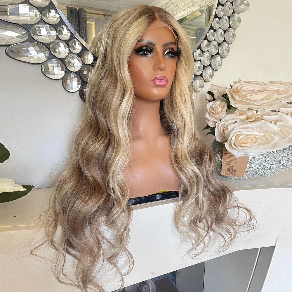 Blonde Balayage Highlights Full Lace Wig Virgin Premium Human Hair Wavy Wig Root Melting 150 Density HD Invisible Lace Front Wig