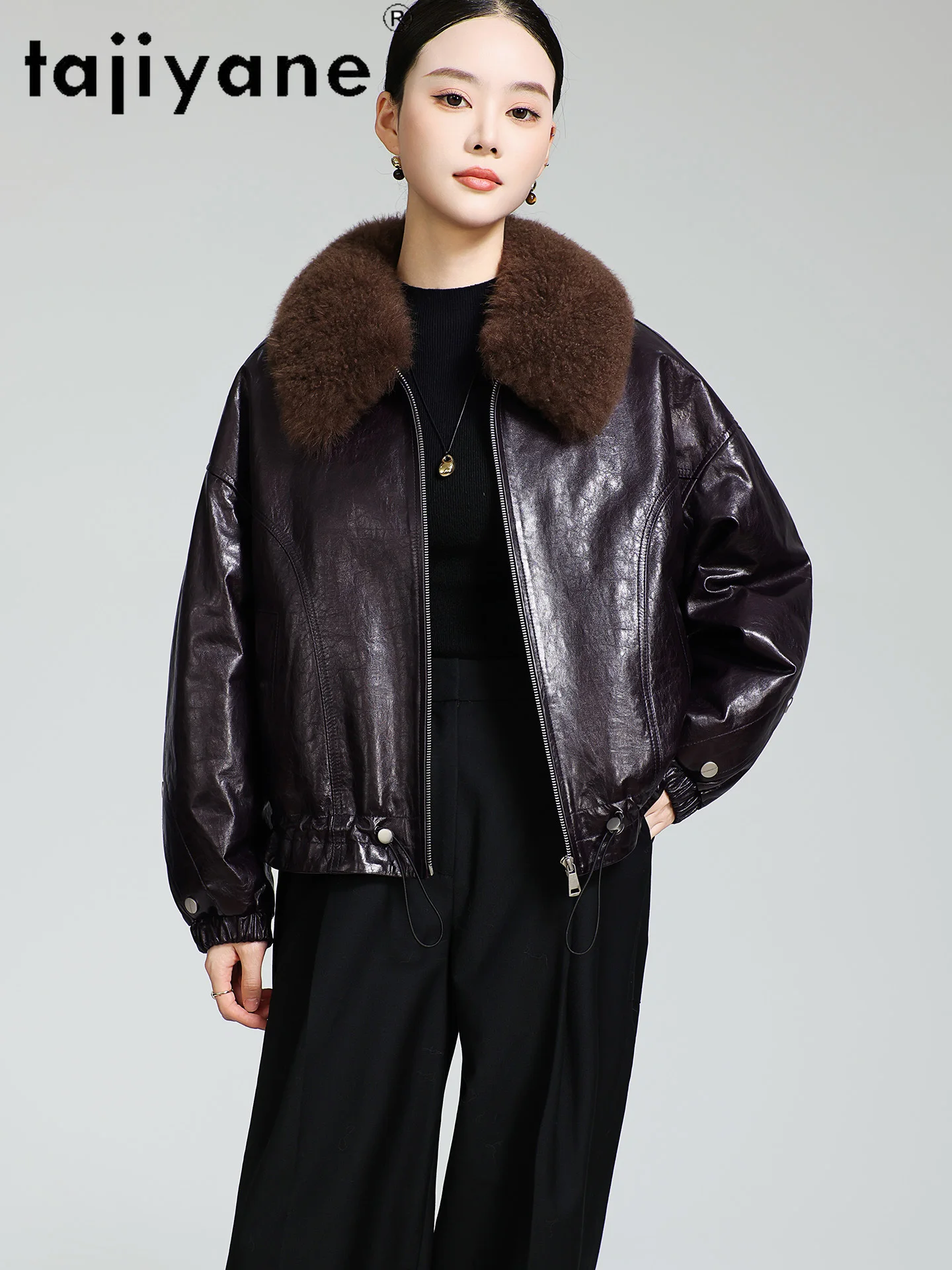 TAJIYANE 100 % echtes Schaffell, weiße Gänsedaunenjacken für Damen, kurze Pufferjacke aus echtem Leder mit Wollkragen, 2025 Winter