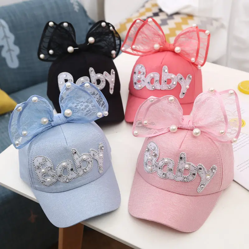 Children Big Bow Cartoon Baseball Cap Girls Pearl Snapback Mesh Hat Sun Protection Beach Hat Rabbit Ear Kid Baby Trucker Sun Hat