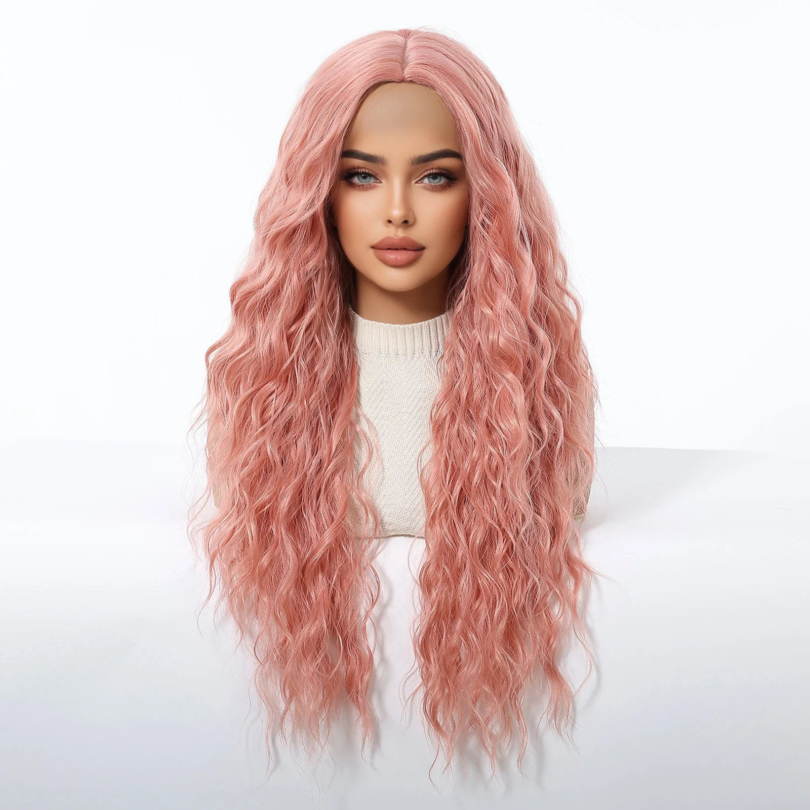 Long Pink Curly Wave Synthetic Wigs Middle Part for Women Halloween Cosplay Costume Daily Pink Hair Wigs Natural Heat Resistant