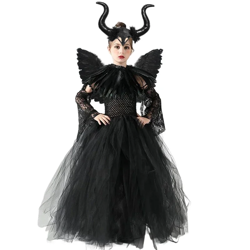 MUABABY Halloween Maleficent Tutu Dress Mistress of evil Cosplay Costume for Girls Vallain Queen Malefient Clothing Vesidos
