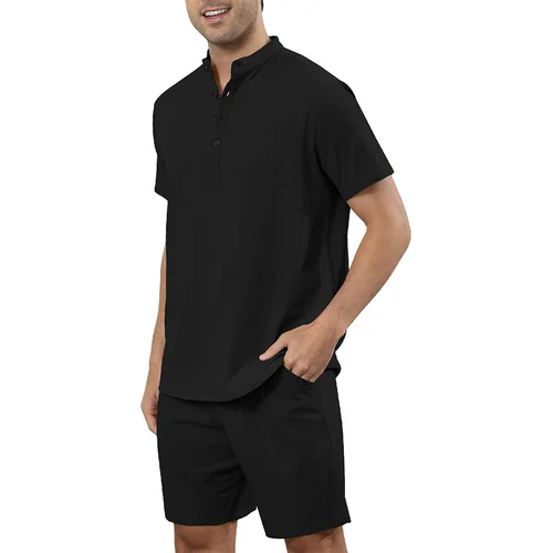 Imagen 2 del producto Conjuntos de 2 uds de lino y algodón para hombre, camisas Henley, pantalones cortos, trajes, camiseta de playa, traje a juego para vacaciones, ropa de verano de manga corta