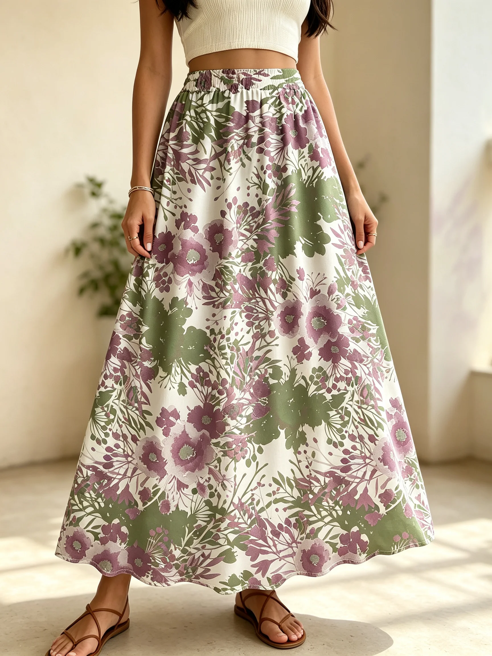 Plus Size, Elegant A-Line Skirt With Elastic Waistband & Ruffled Hem - Non-Stretch Polyester Suitable For All-Season Wear