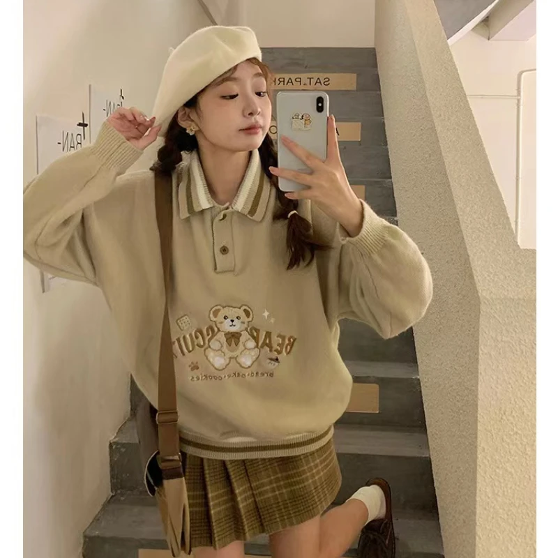 2023 Autumn New Women Sweater Lapel Bear Embroidery Three-dimensional Bow Decoration Sweater Knitwear Female Свитер Женский