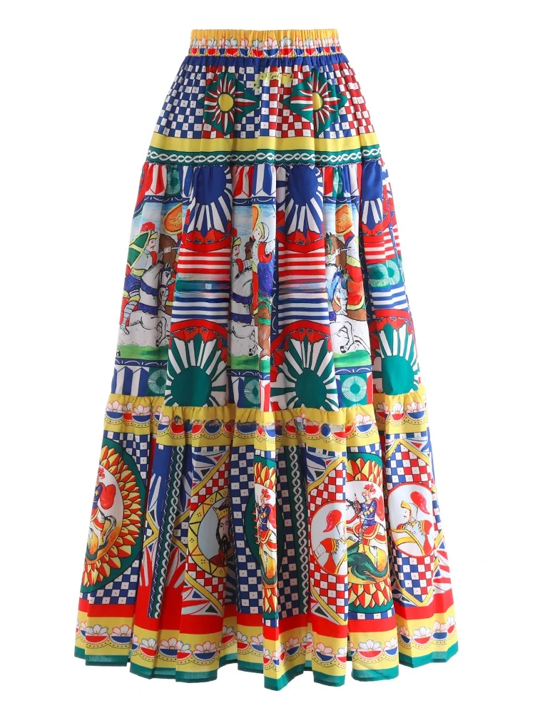 Vacation Style High Waist A-Line Skirt with Print And Patchwork Long Length Wide Hemline Elastic Waist Cover Hip Summer Dress