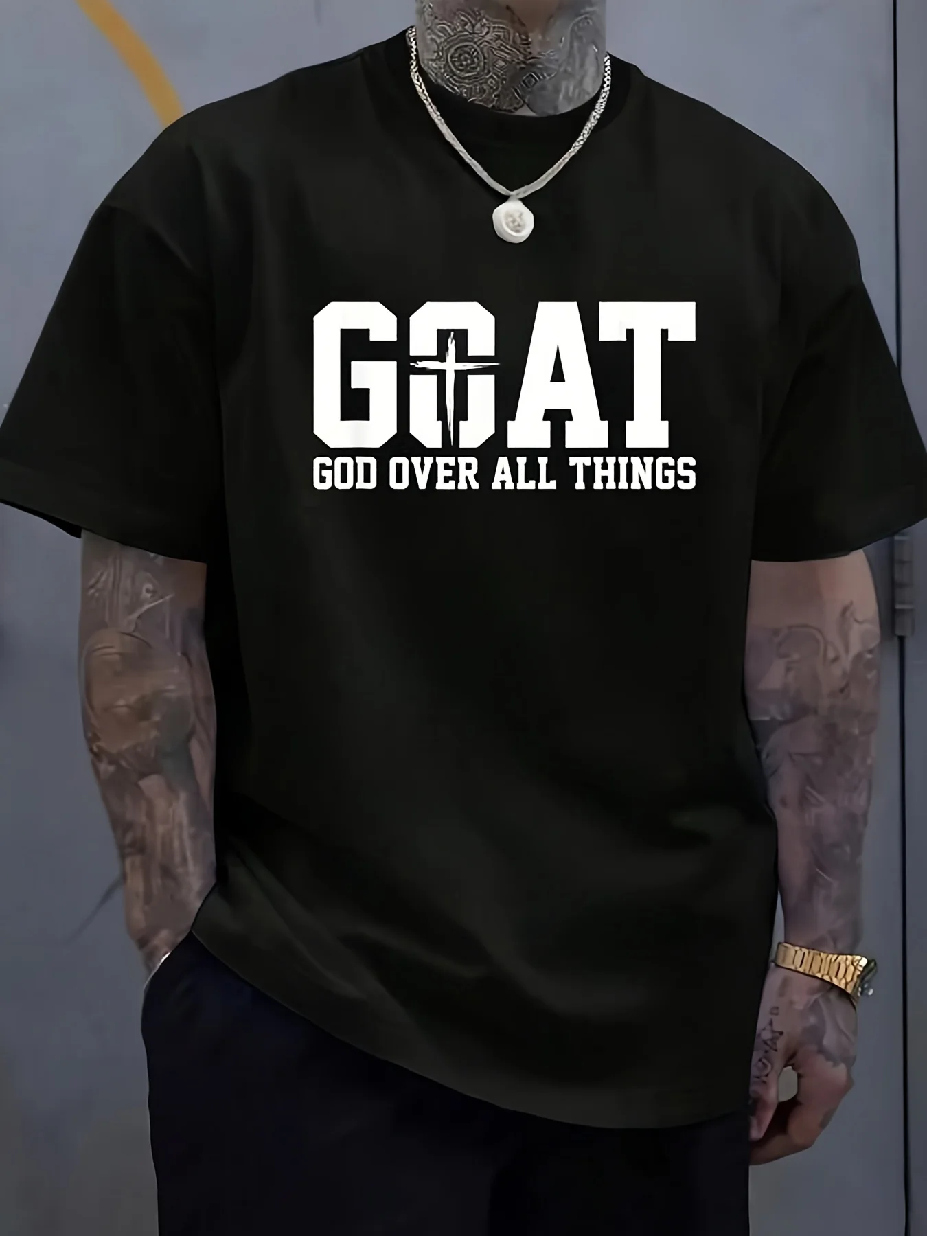 Goat God Is the Lord of All, Believe in Jesus T-Shirt, Men's Loose Fit Clothing Suitable for All Seasons, Breathable, Sweat-Wicking, Soft, Suitable for Daily Commuting, Home Wear, and Casual Wear, 2026 New Year Party Street Style T-Shirt, Plus Size