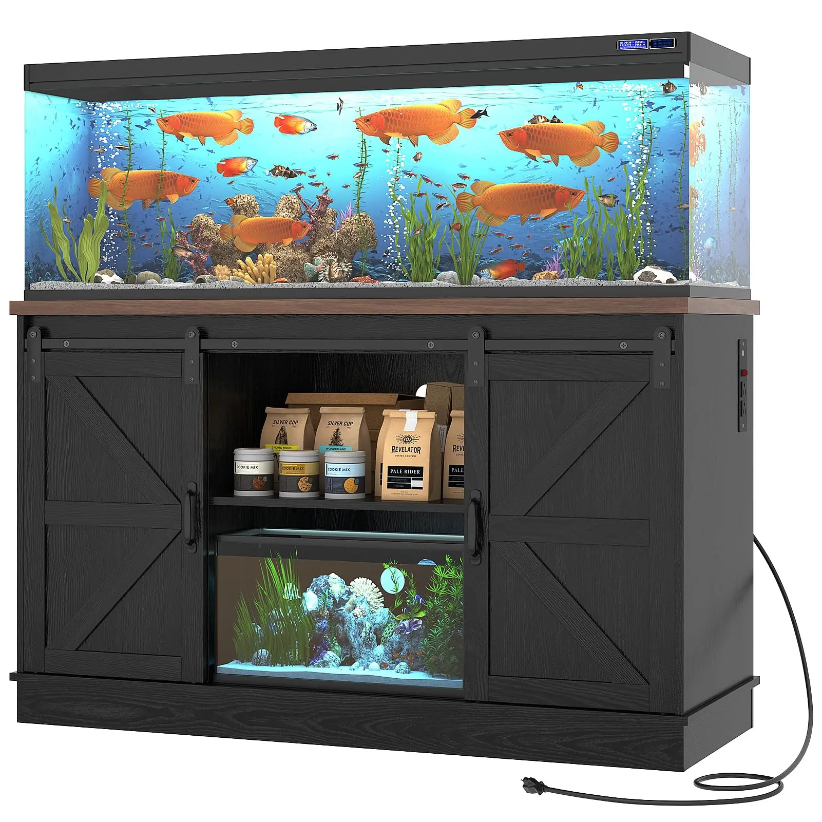 Farmhouse 55-75 Gallon Fish Tank Stand with Power Outlet, Aquarium Stand w/Cabinet&Sliding Barn Door, Heavy Duty