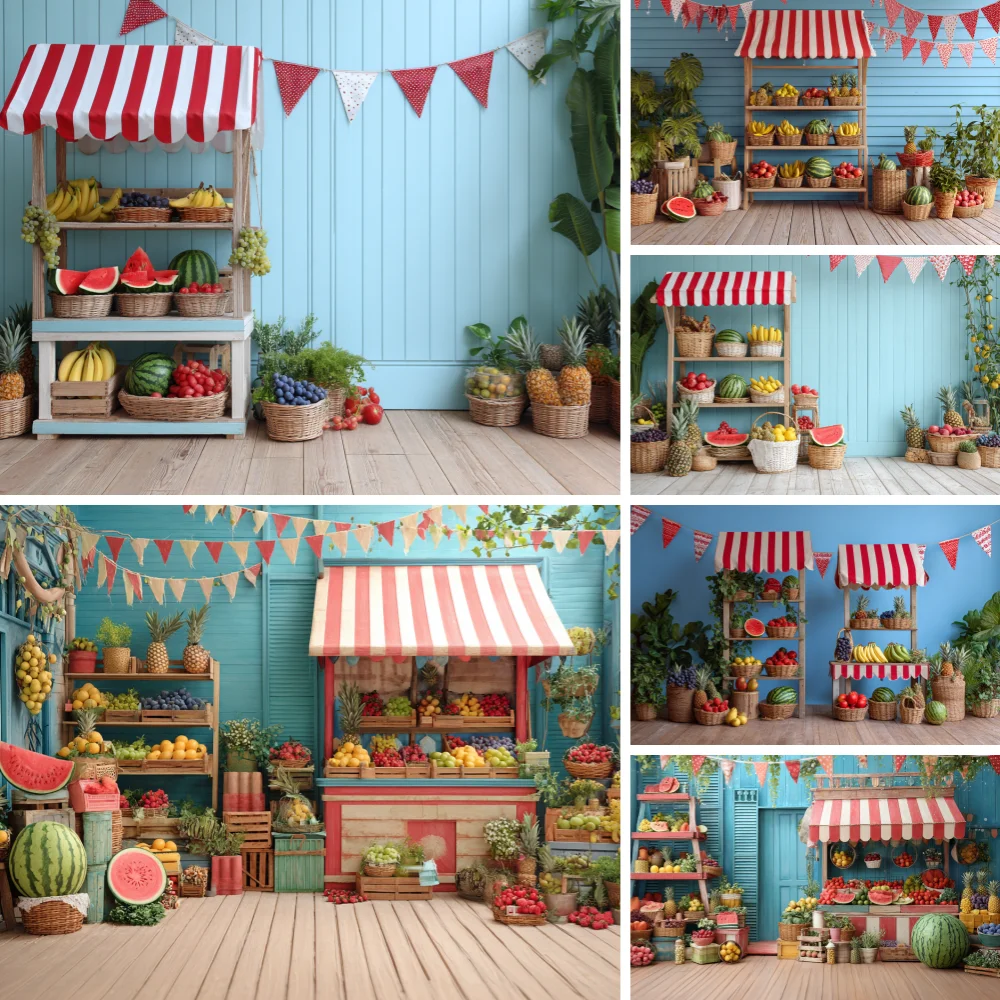 Summer Fruits Stall Backgrounds for Photographs Watermelon Orange Pineapple Colorful Balloons Decor Kids Adult Portrait Backdrop