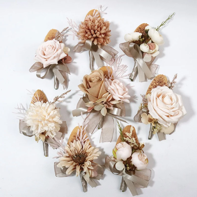 Flores artificiales para fiesta de boda, ramillete de Boutonniere para novio, pulsera de dama de honor, broche de flores rosas, estilo de otoño