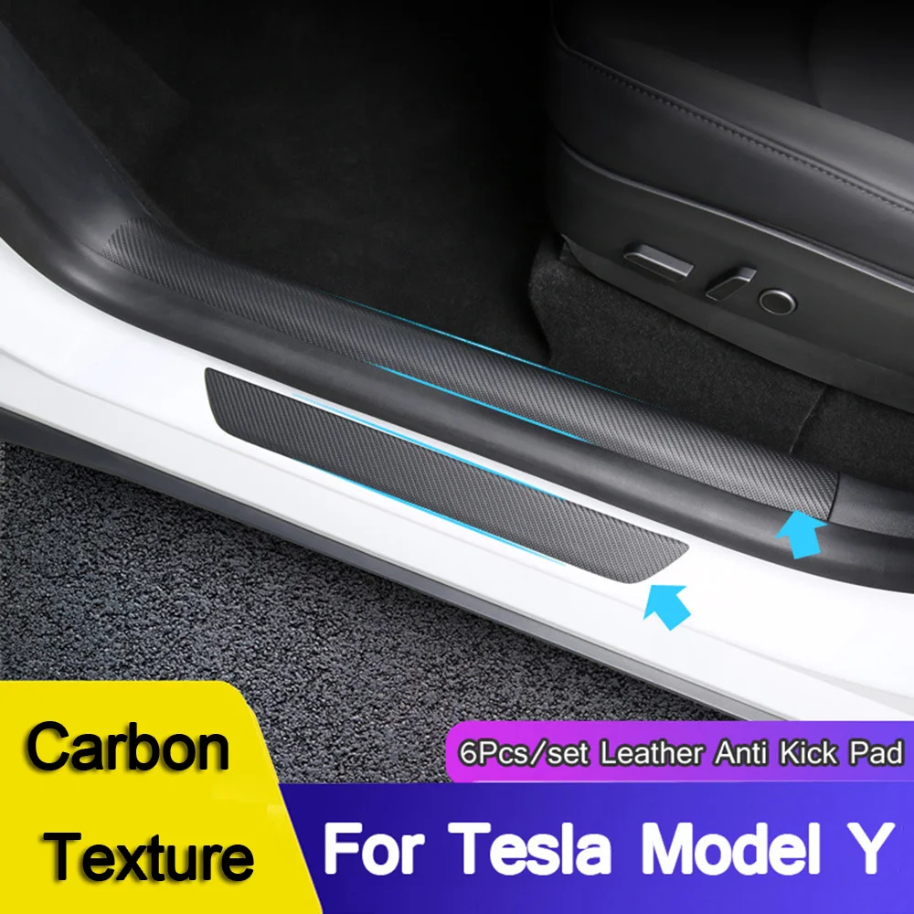 For Tesla Model Y Leather Car Door Sill Protective Sticker Scuff Pad Car Accessories Carbon Fiber Trim