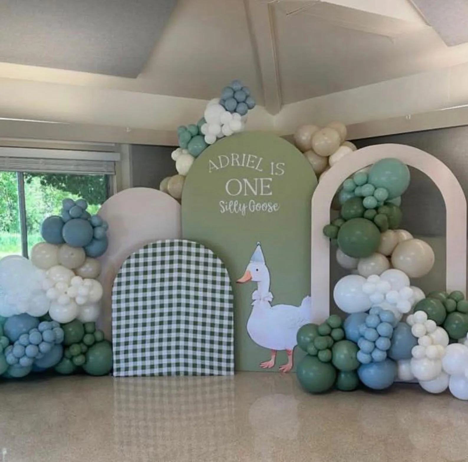 Mehofond Custom One Silly Goose Green Plaids Kids Birthday Party Baby Shower Cover Chiara Arch Background Decor Backdrop