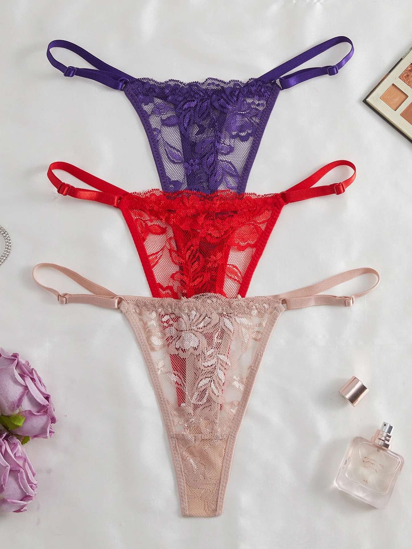 3-teiliges Set Spitzen-Stringtangas für Damen, sexy, verstellbarer dünner Bund, Intimwäsche – Detail 23