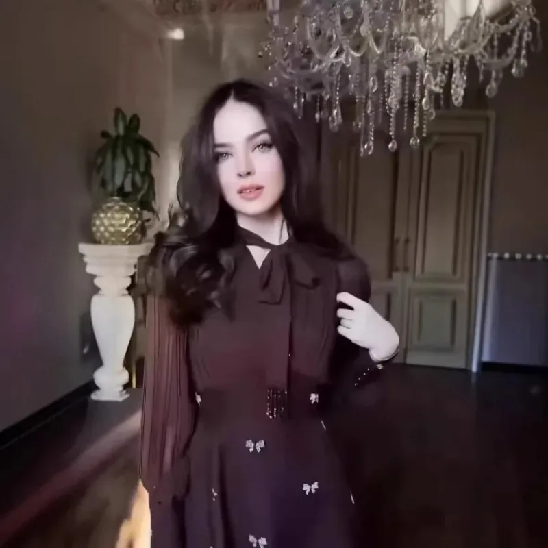 Langes Kleid Damen Partykleider Nacht Y2K Streetwear A-Linie Vestidos Schnürung Lange Ärmel Plissiert Schleife Elegant Patchwork 2026 Sommer