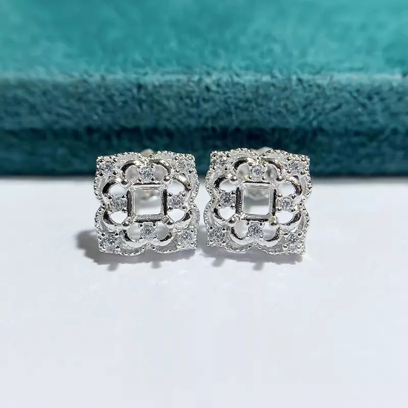 

MeiBaPJ 3mm*3mm Square Stone DIY 925 Silver Empty Holder Fashion Zircons Stud Earrings Fine Charm Party Jewelry for Women