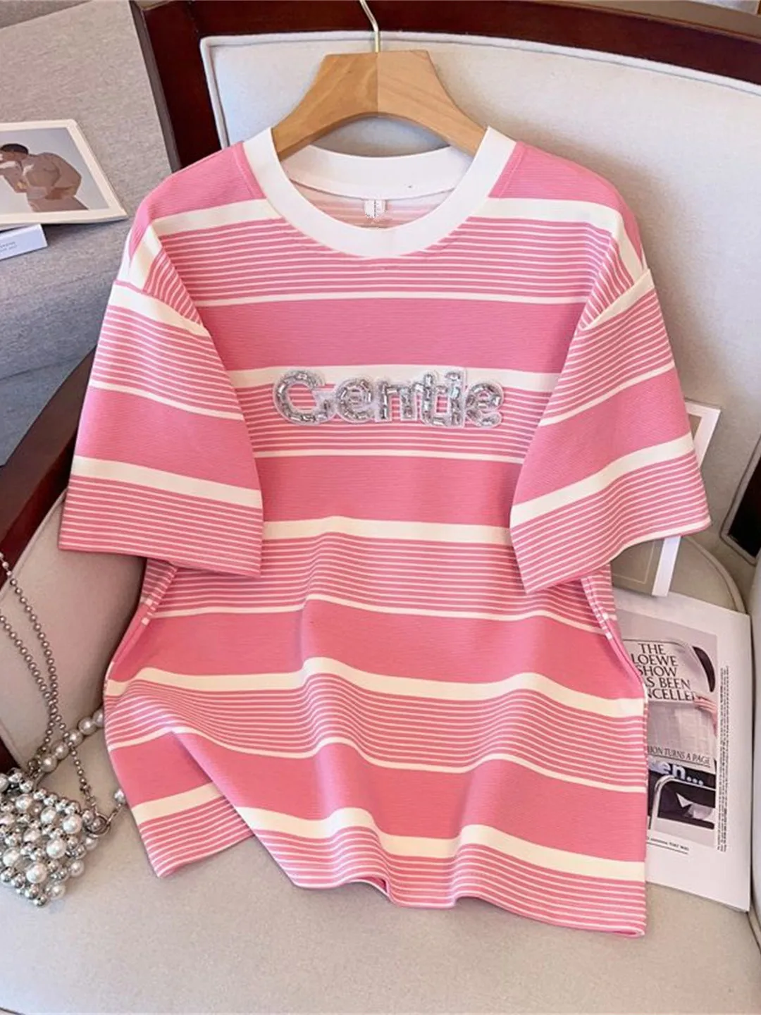 Summer Fashion Diamond Embedded Letter Bright Sequin Stripe Short Sleeve T-Shirt And Shorts Casual Two-Piece Set Women's Clot...