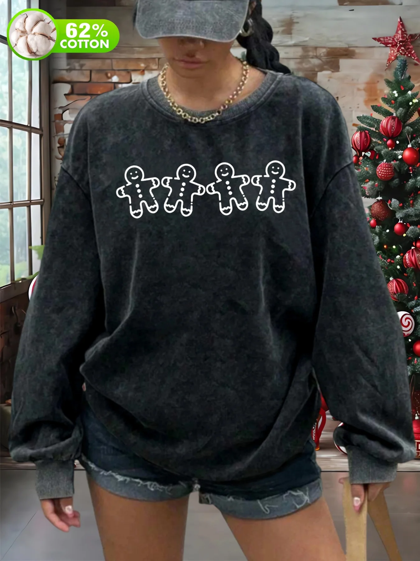 

Women's Christmas Gingerbread Cookie Print Oversized Hoodie Sweatshirt - Cozy Winter Pullover with Gingerbread Men & Women