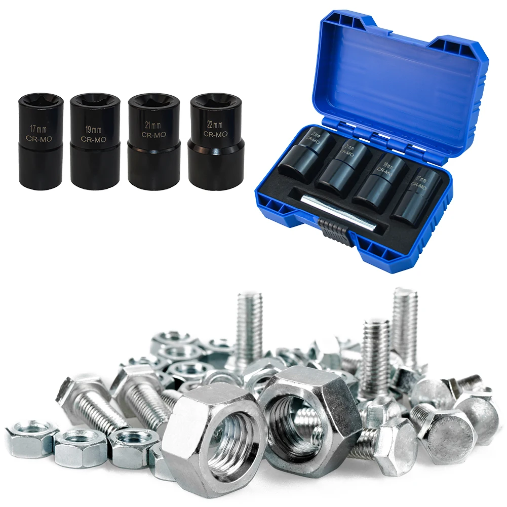 5 Pcs/Box Lug Nut Remover Removal Tool 1/2inch Drive Twist Socket Set 17mm 19mm 21mm 22mm Nut and Bolt Extractor Car Acesssories