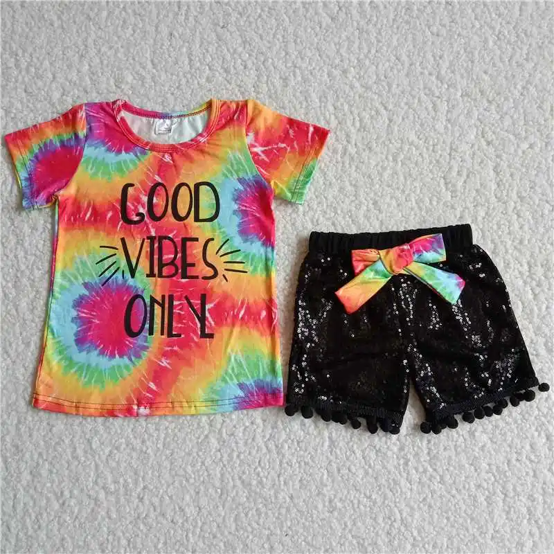 Wholesale Good Vibes Only Baby Girl Kids Summer Infant Clothing Tie Dye Letter Top Black Sequins Shorts Outfit Children Kids Set