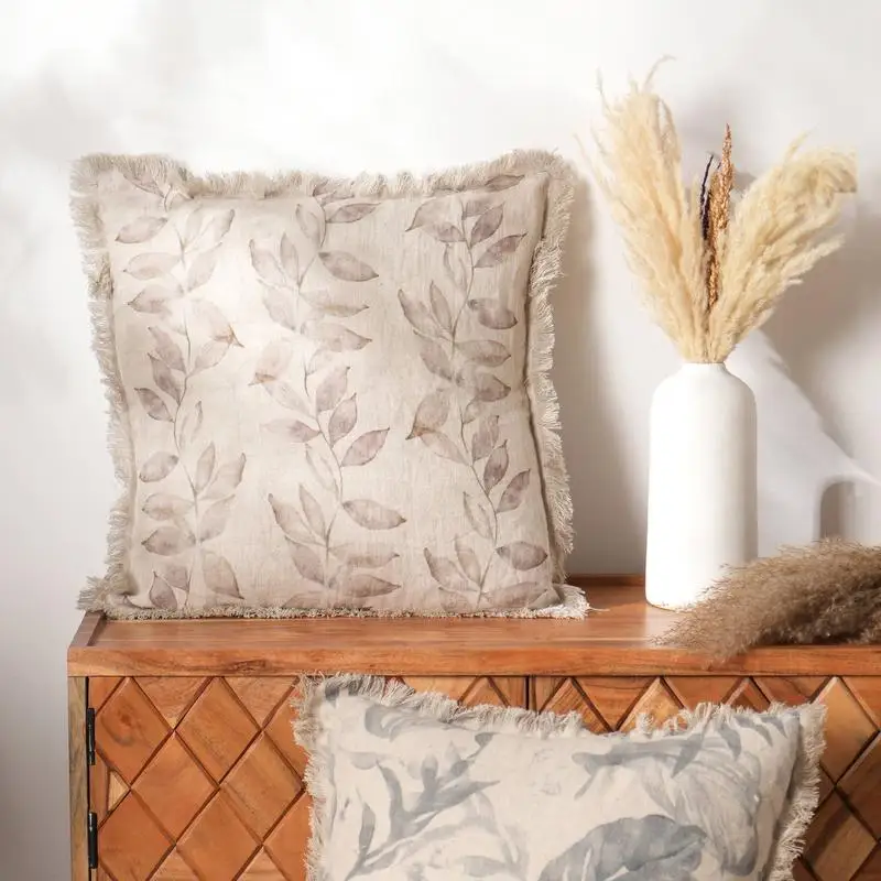 

Printed Linen Cushion with Fringes in Brown - Soft Decorative Pillow for Home, Ideal for Couch, Bed, or Chair
