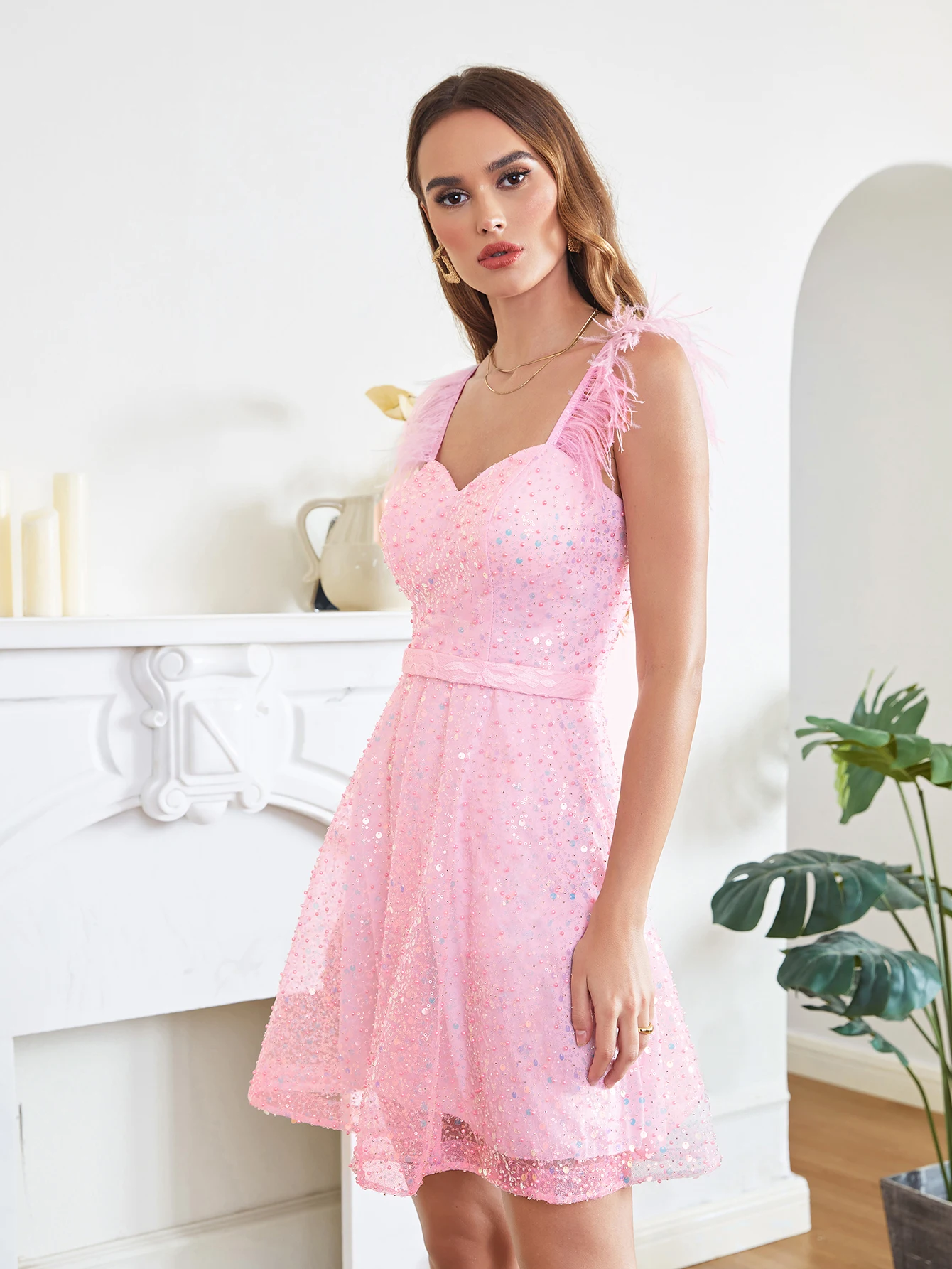 Luxury Pink Beaded Evening Dresses For Women 2023 Sweetheart With Feathers Formal Occasion Cocktail Wedding Prom Party Gowns