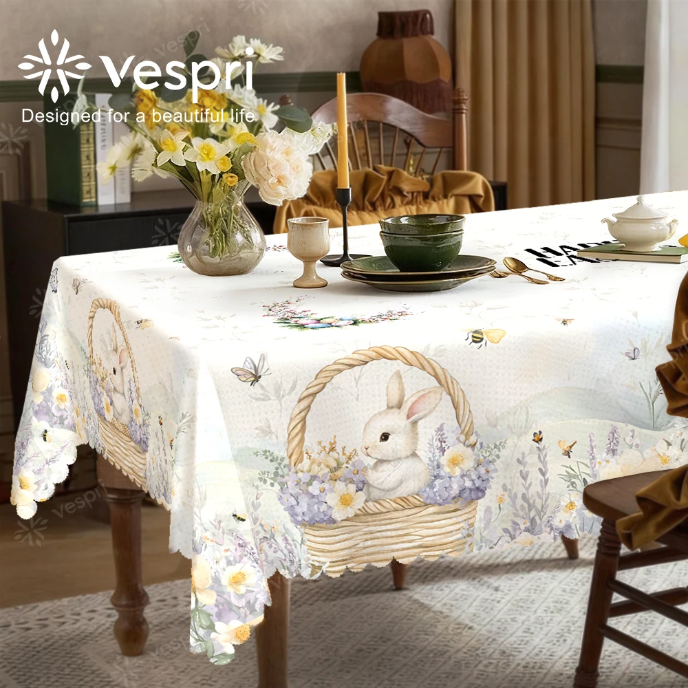 Vespri Oster-Tischdecke Dekor Weiß Hellgrün Hase Blumen Schmetterlinge Rund Rechteckig Oval Polyester Tischdecke