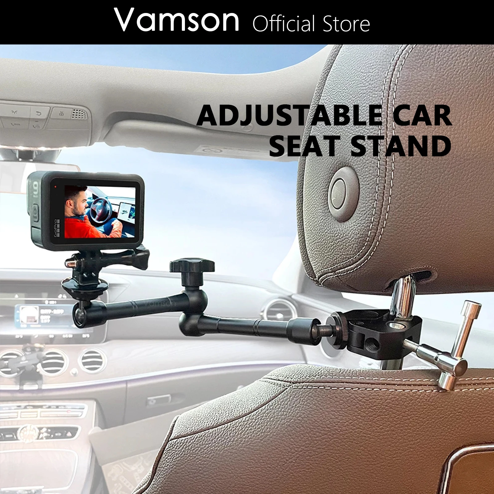 Vamson 7-11 Inch Adjustable Car Seat Stand for GoPro Hero 10 9 Action Camera Bracket Accessories for iPhone for insta360 for Dji