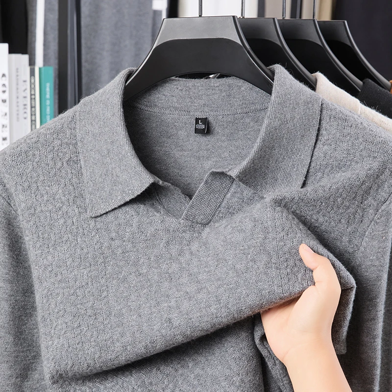 High quality fashion knitted long sleeve T-shirt men's autumn personalized jacquard polo shirt casual new warm V-neck sweater