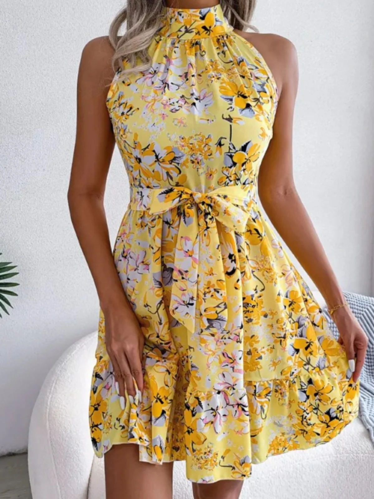 Zomer nieuwe straat Sle bloemenprint jurk Ne hangende Svel Dr met taille Cinching Lace up oulder blote zoom rok