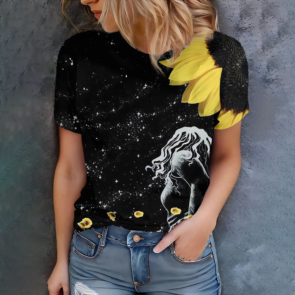 

Beautiful Art Style Black Starry Sky Flower Portrait Printed Fashion Summer Women's Casual Short sleeved T-shirt