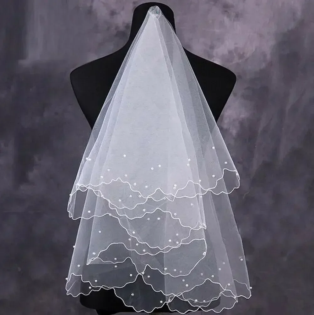 White 2t Wedding Bridal Veil With Comb Handmade Diy Fabric Beaded Beads Pearl 2026