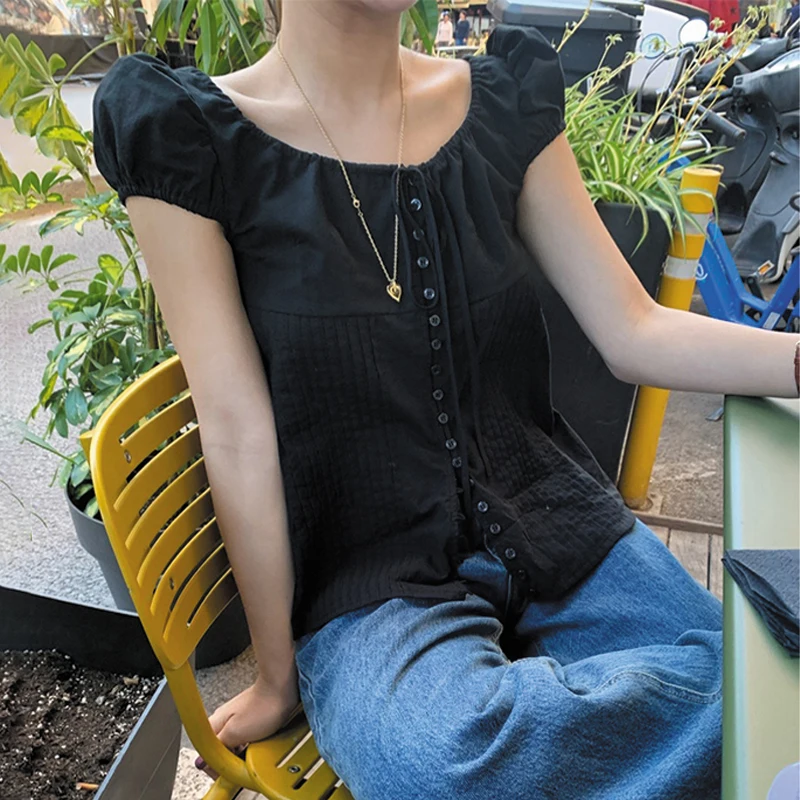 

Chic ort Sve Bubble irt Женский модный топ с куклой Bla Sli Commute Sle Pure Color с пуговицами