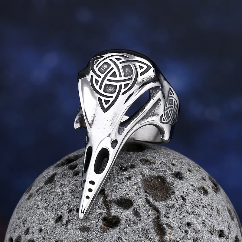 316l Stainless Steel Viking Celtic Knot Totem Ring Nordic Mythology Viking Warrior Raven Head For Man Domineering Jewelry