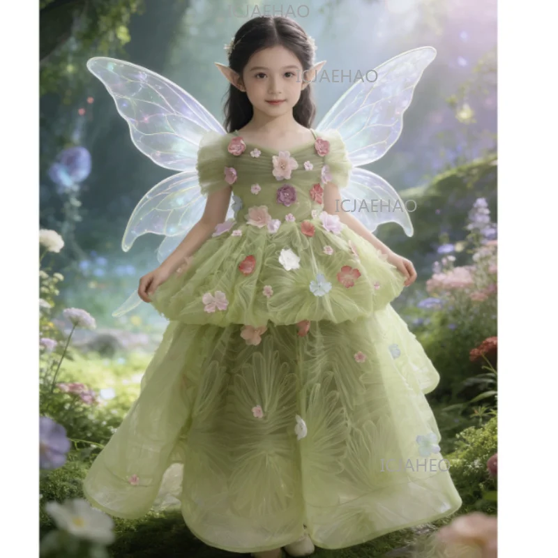 Children Girls Green Floral Dress Kids Birthday Party Elegant Banquet Princess Lace Tutu Flower Girl Host Pageant Gown Costume
