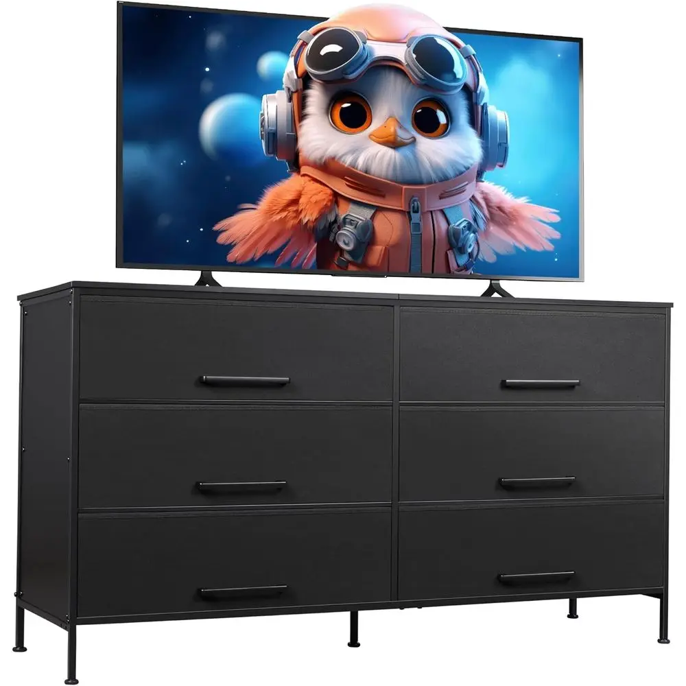 

Black TV Stand or 60, 65, 70 inch TV, Large Entertainment Center with 6 abric Der, TV Media ole Table with Wood Top, Adjustable
