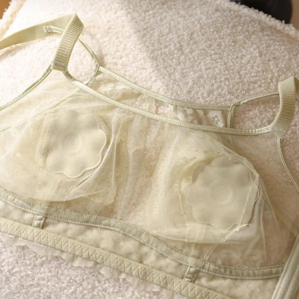 Reggiseno a V profondo senza fili con fiore in rete di moda, intimo antiurto per donna, reggiseno sottile in pizzo anti-cedimento regolabile