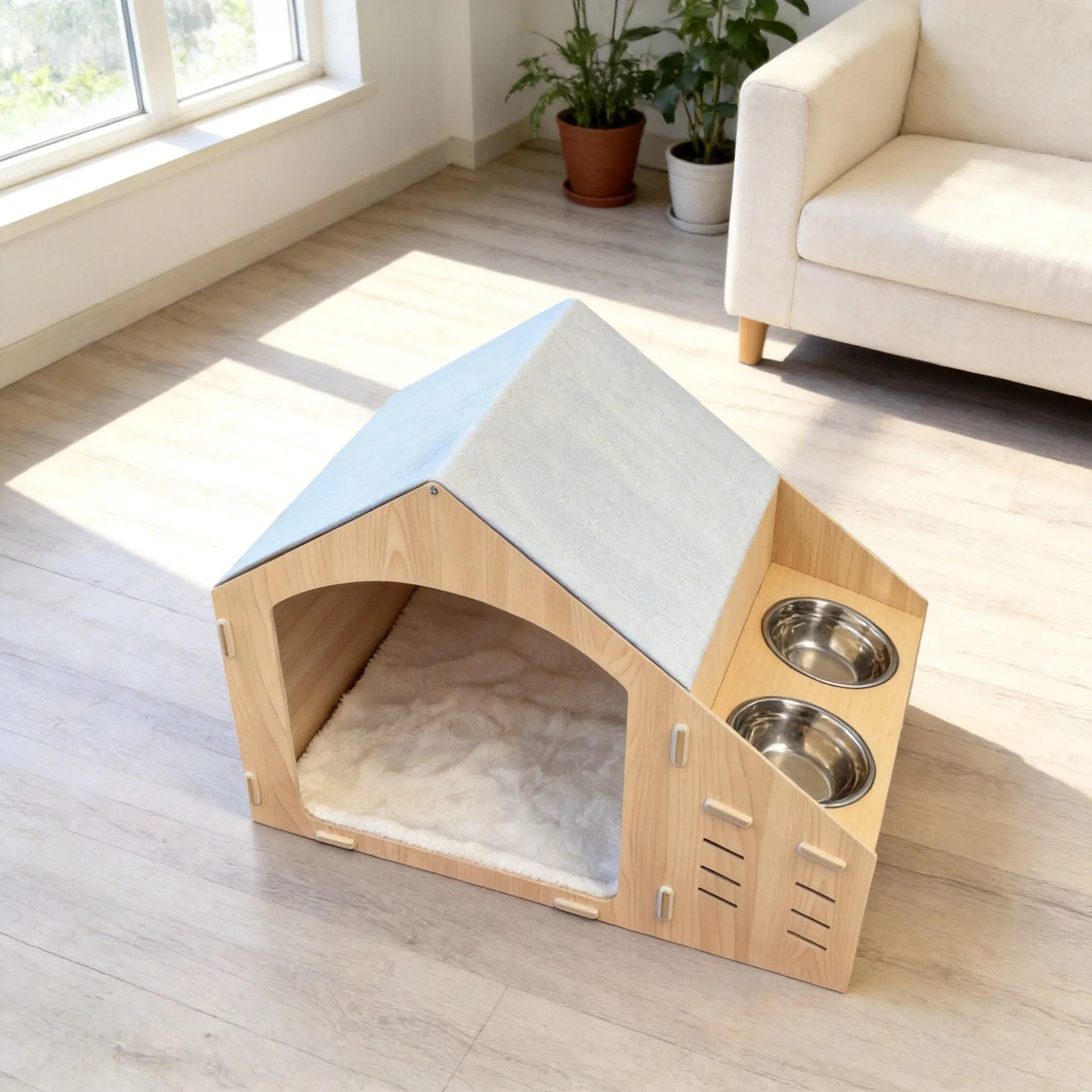 Casa de madera para gatos con comedero integrado, cama y rascador - imagen 3