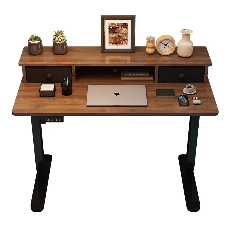 Double Beam Vertical Lift Rack Modern Glass Computer Desk Storage Rack Adjustable Height Home Office Iron Metal Furniture