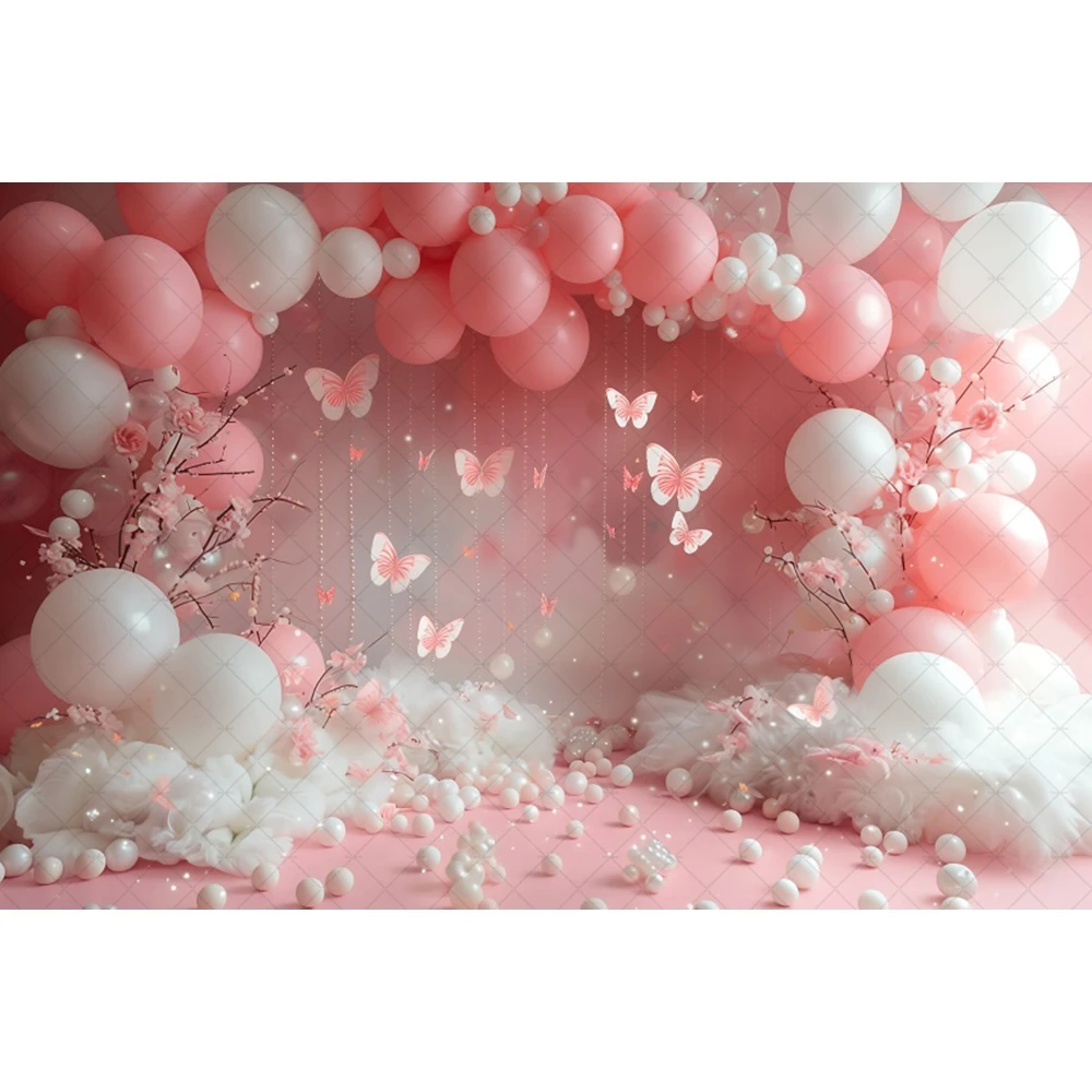 Stroller Baby Shower Photography Background Pink Arch Balloon Butterfly Newborn Birthday Party Decor Backdrop Photo Studio Props