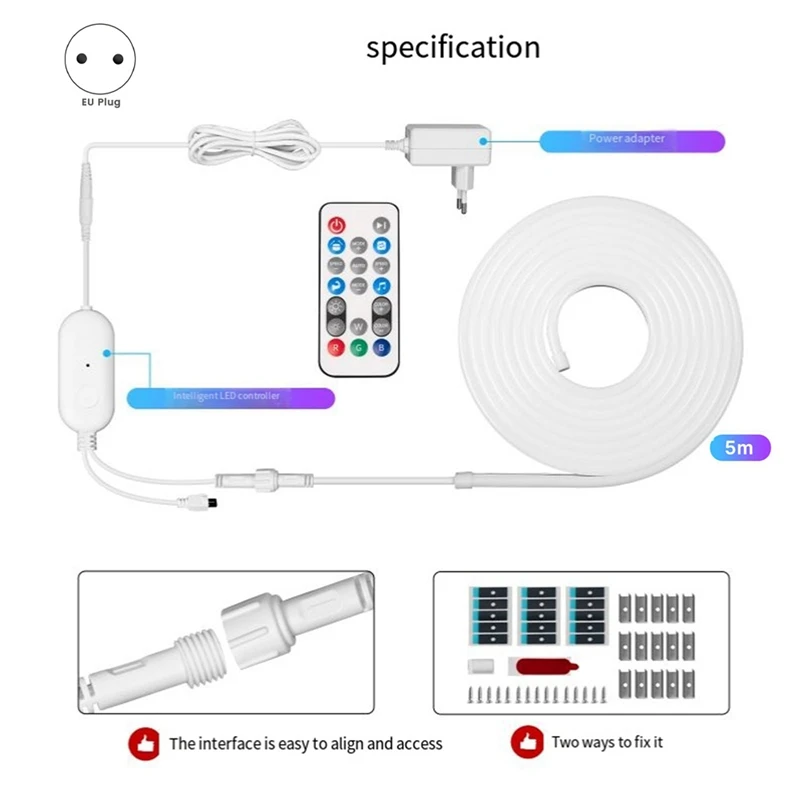 مجموعة أضواء شريط LED نيون WiFi للكتابات ، توقيت التطبيق ، ضبط الألوان ، 1600 ميجابكسل ، وضع الأمان ، مصابيح حبل RGB مع قابس أوروبي