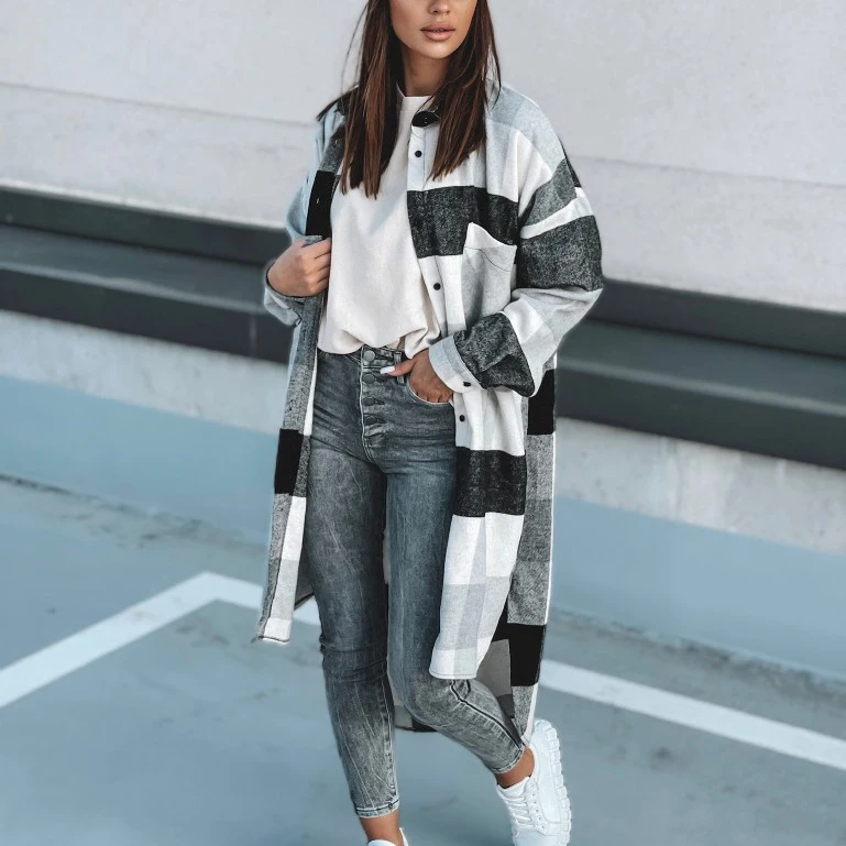 

Briti Sle College Collar Single Button Large Plaid Camel Color Front ort Ba Long Casual Versatile irt Cardigan