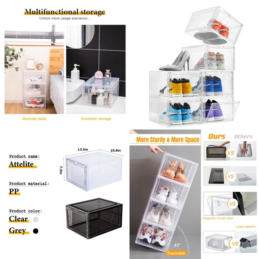 

Shoe Box Organizer, Set of 6, Stackable Plastic Shoe Box with Clear Door, Shoe Storage Box Containers, For Display Sneakers, Ea