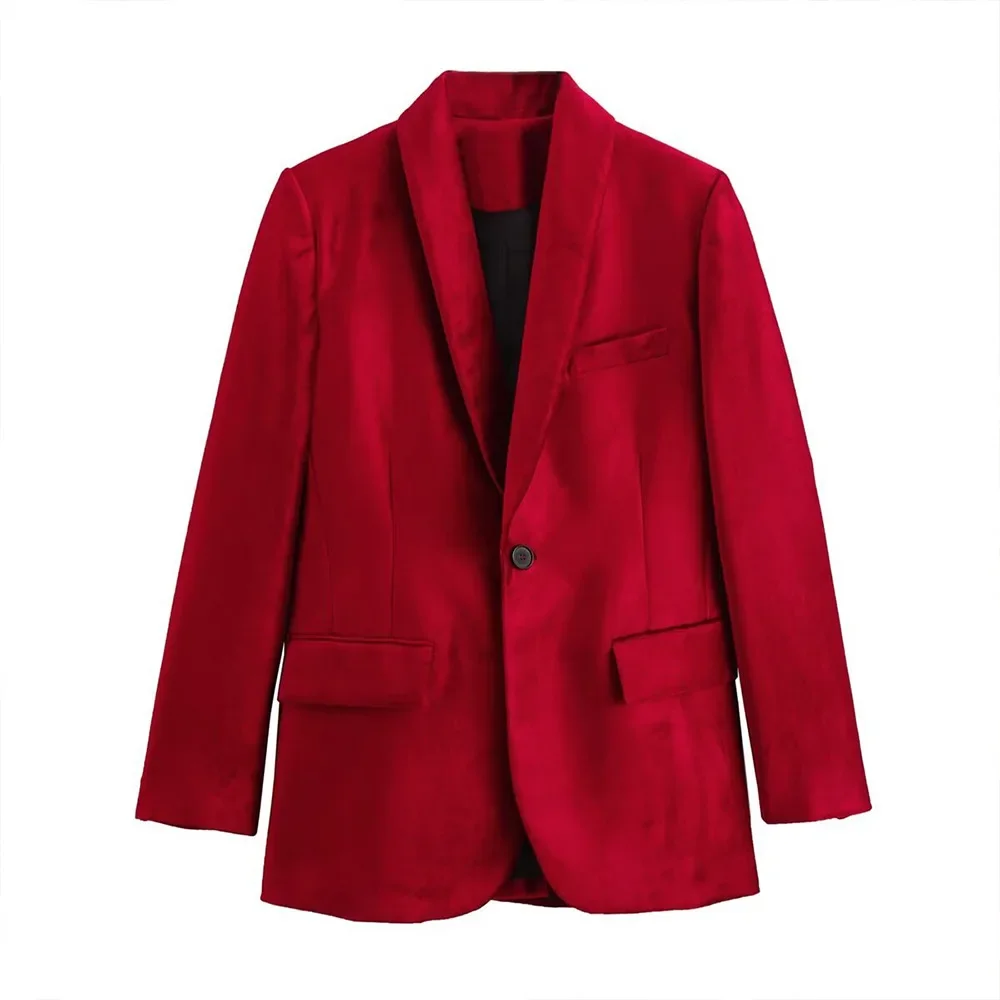 PRINTKAOIR Vintage Chic Velluto Rosso Blazer oversize Donna Manica lunga Tasche con scollo a V Giacche Moda 2024 Office Lady Outwears