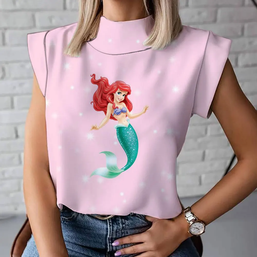 Ariel Mermaid Cartoon Print Bottoming Shirt 2023 Summer New Harajuku Casual Versatile y2k Women's High Neck T-Shirt Vest