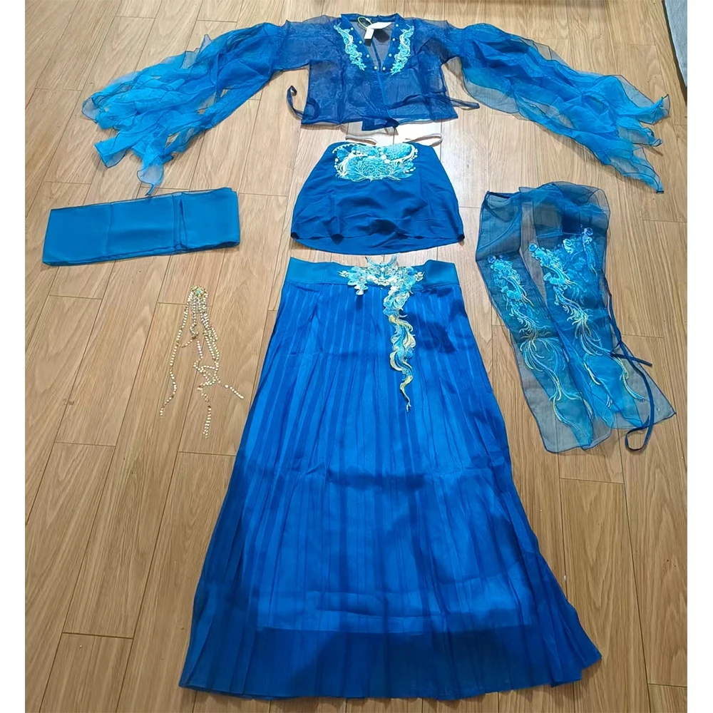 Women Navy Blue Embroidered Hanfu Suit Oriental Traditional Chinese Fairy Dress Halloween Carnival Cosplay Party Costume Lady