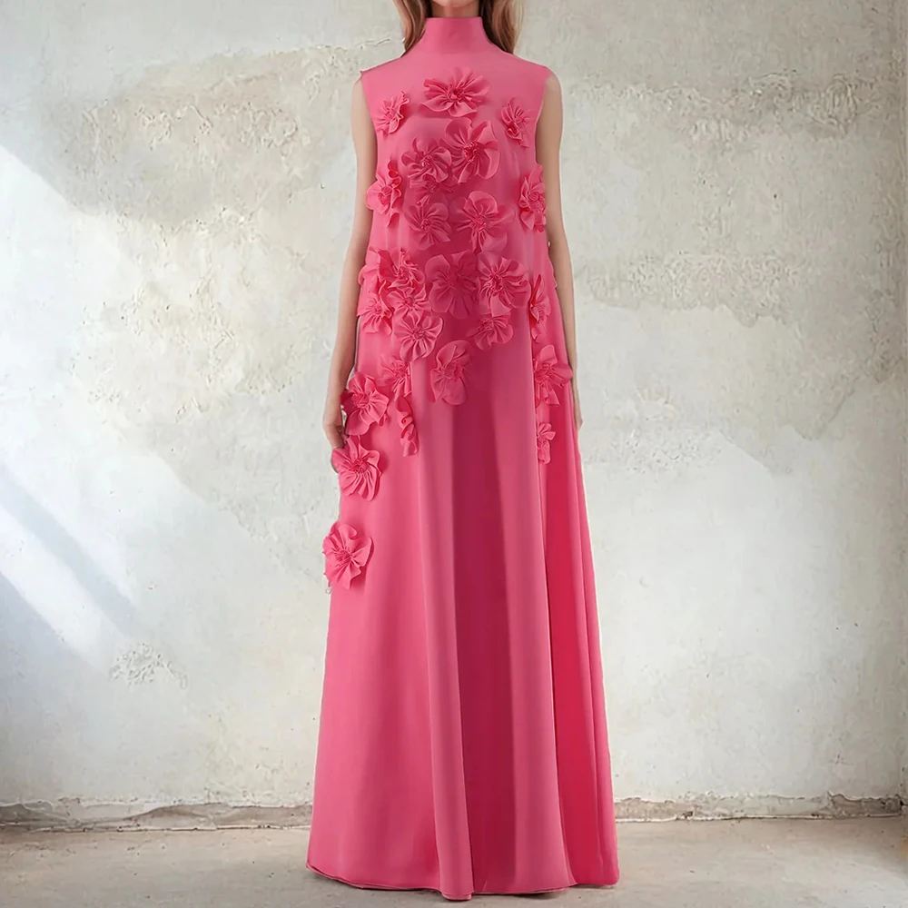 Vestidos de Noche acampanados para mujer, vestido de fiesta sin mangas con cuello alto hasta el suelo, vestidos personalizados drapeados simples con flores a la moda