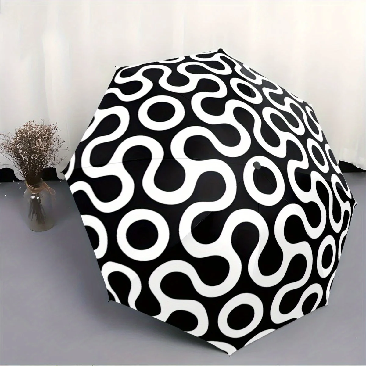 

Автоматический складной зонт с черно-белым абстрактным современным дизайном - компактный ветрозащитный зонт для путешествий с 8 спицами